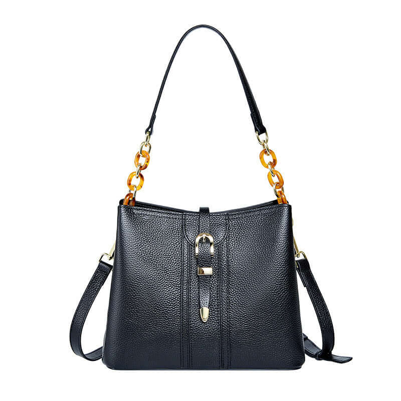 A black bucket bag