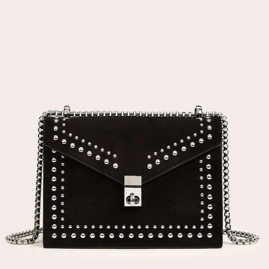 A black studded vegan leather bag