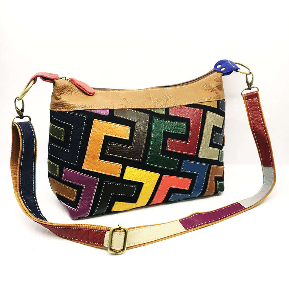 A multicolored geometric tote bag