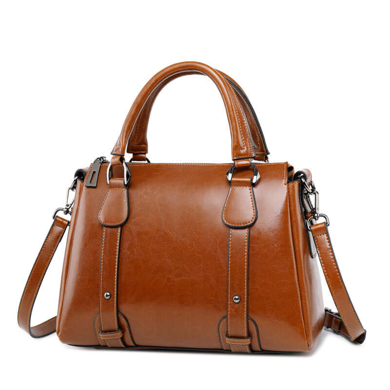 A caramel color leather handbag