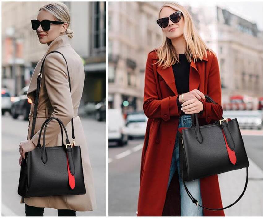 Two Women carrying black leather handbags