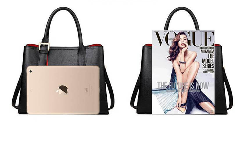 Black leather handbags with ipad and vogue magazine