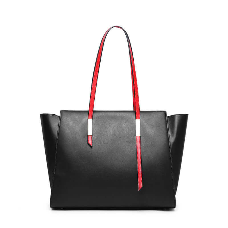 A black leather tote bag