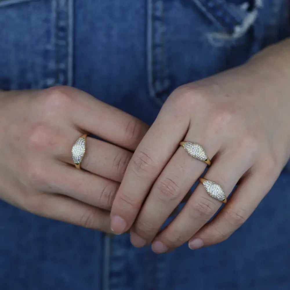 Model wearing Gold Pave Diamond Dome Rings