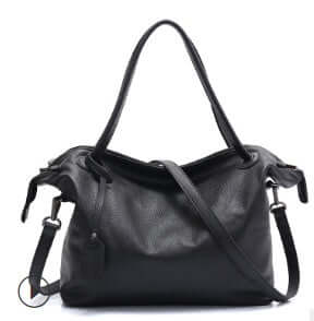 A black leather tote bag