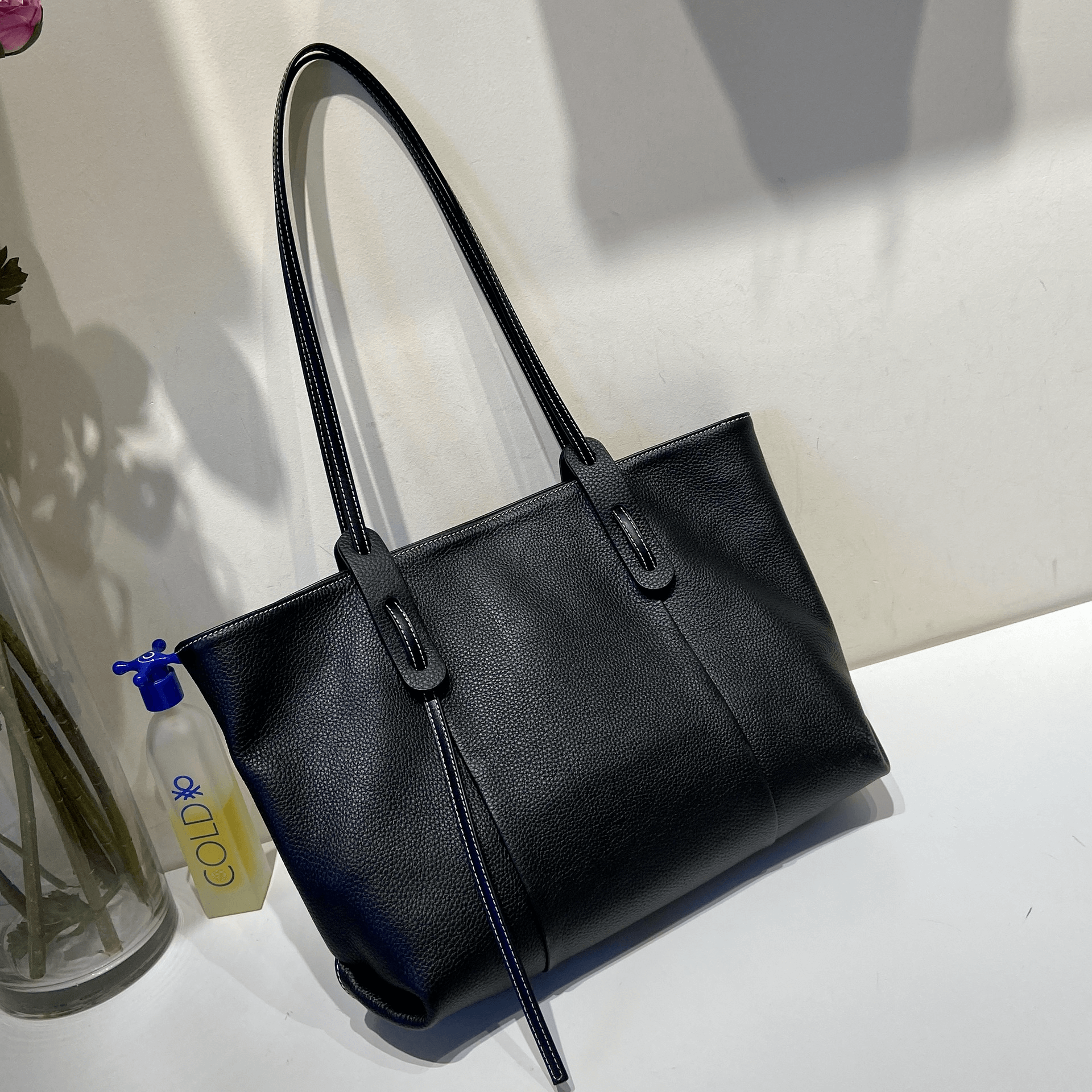 Black genuine leather tote bag