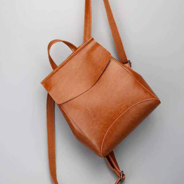 A brown leather backpack