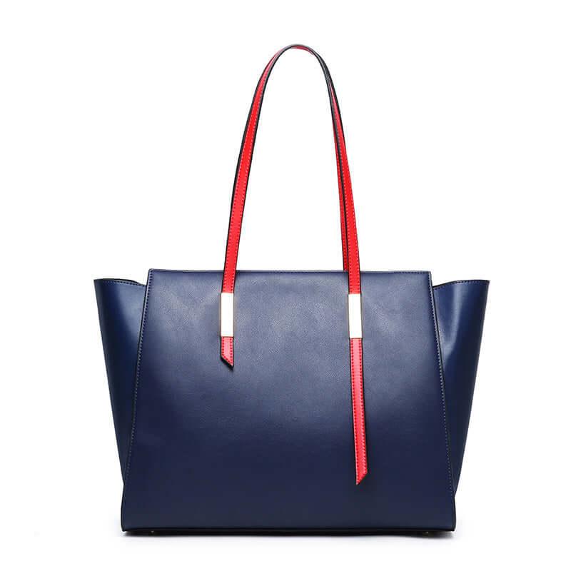 A blue leather tote bag