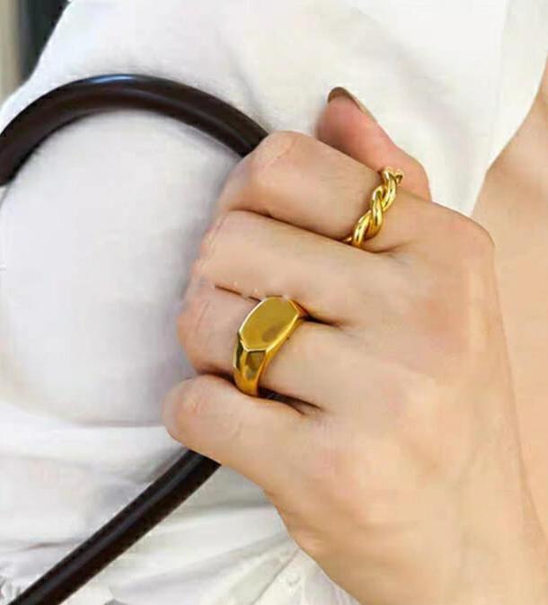 Model wearing Polygonal Gold Signet Ring