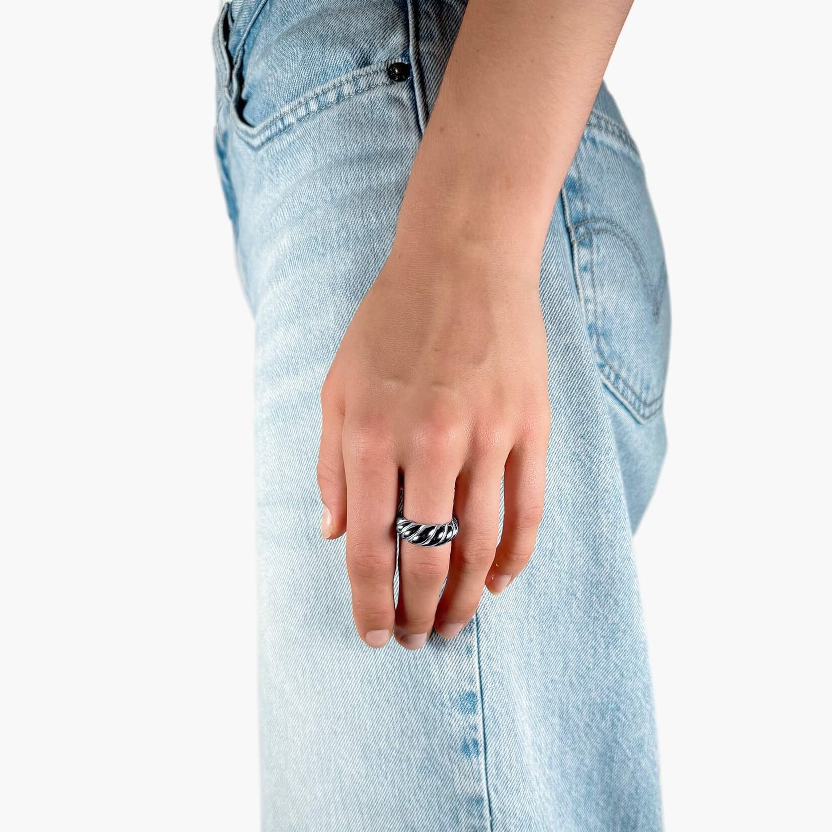 Model wearing Silver Croissant ring