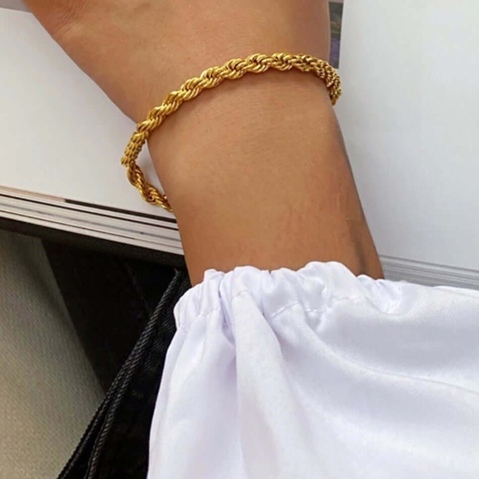 A model wearing a Twisted gold Rope Bracelet