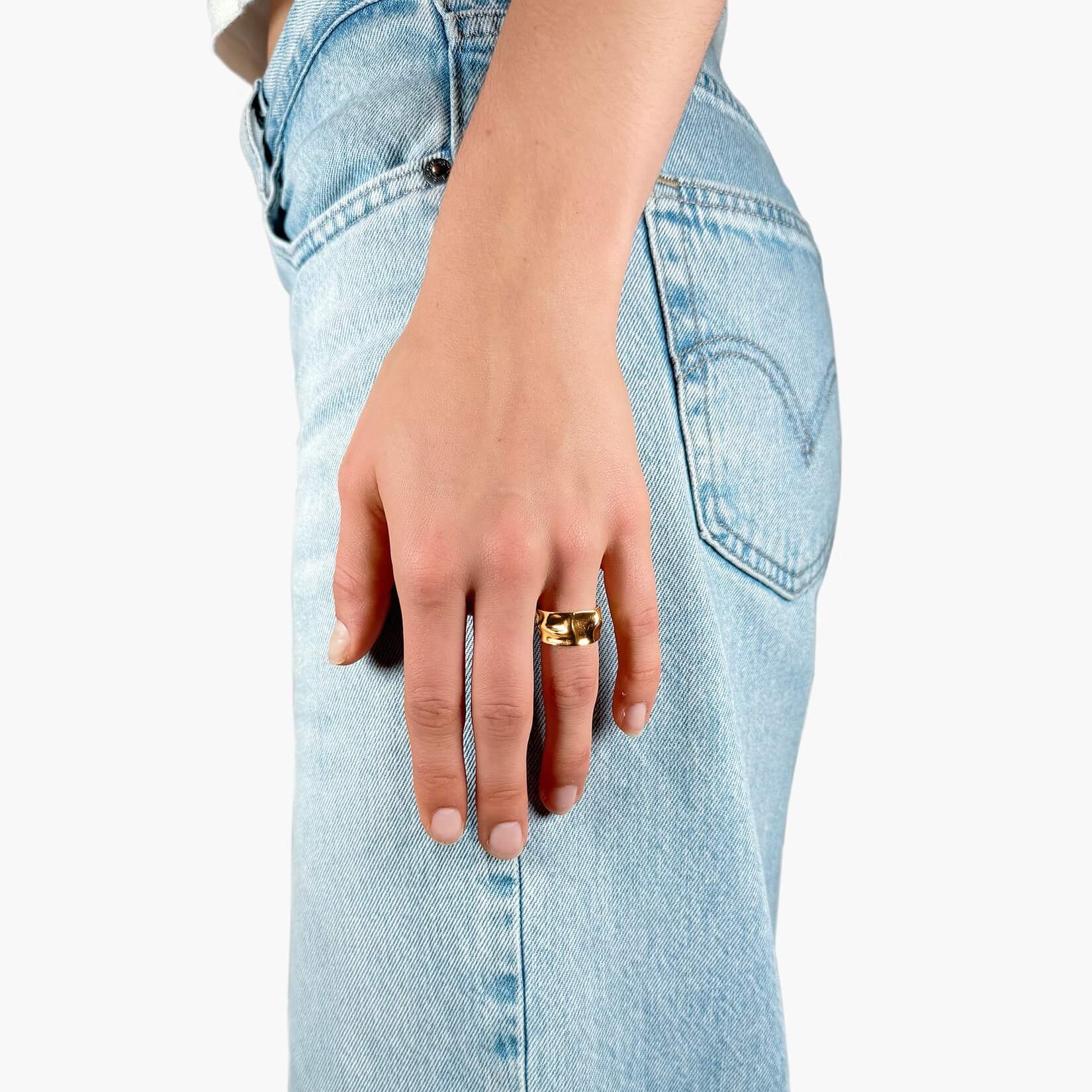 Model wearing Gold Foil texture ring