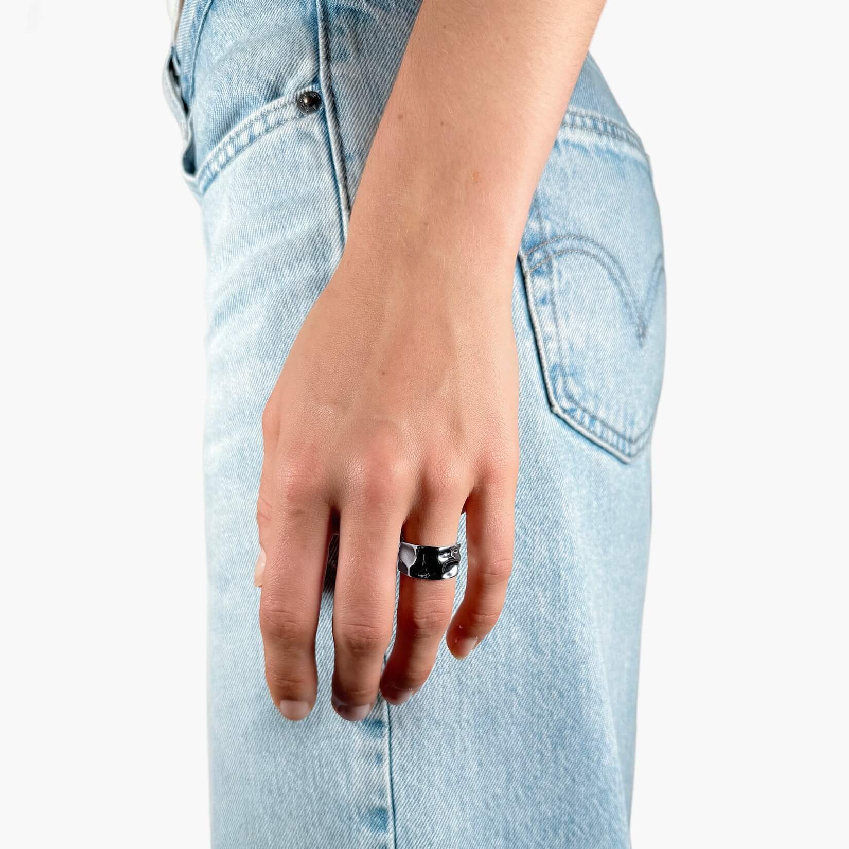 Model wearing Silver Foil texture ring