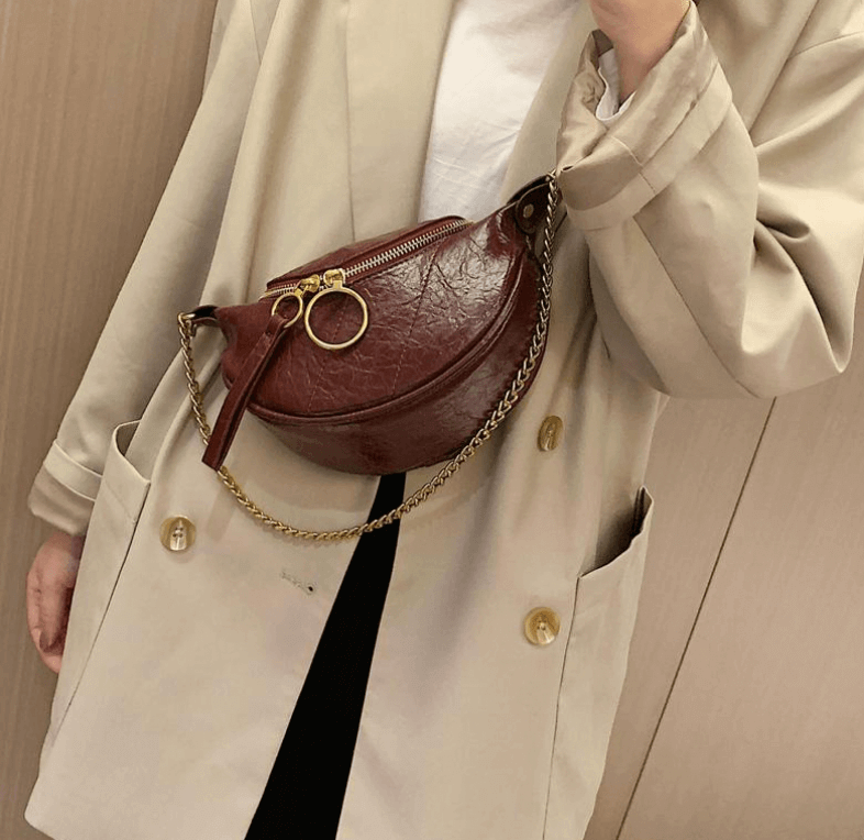 Woman wearing Half Moon Chain Crossbody Bag Red