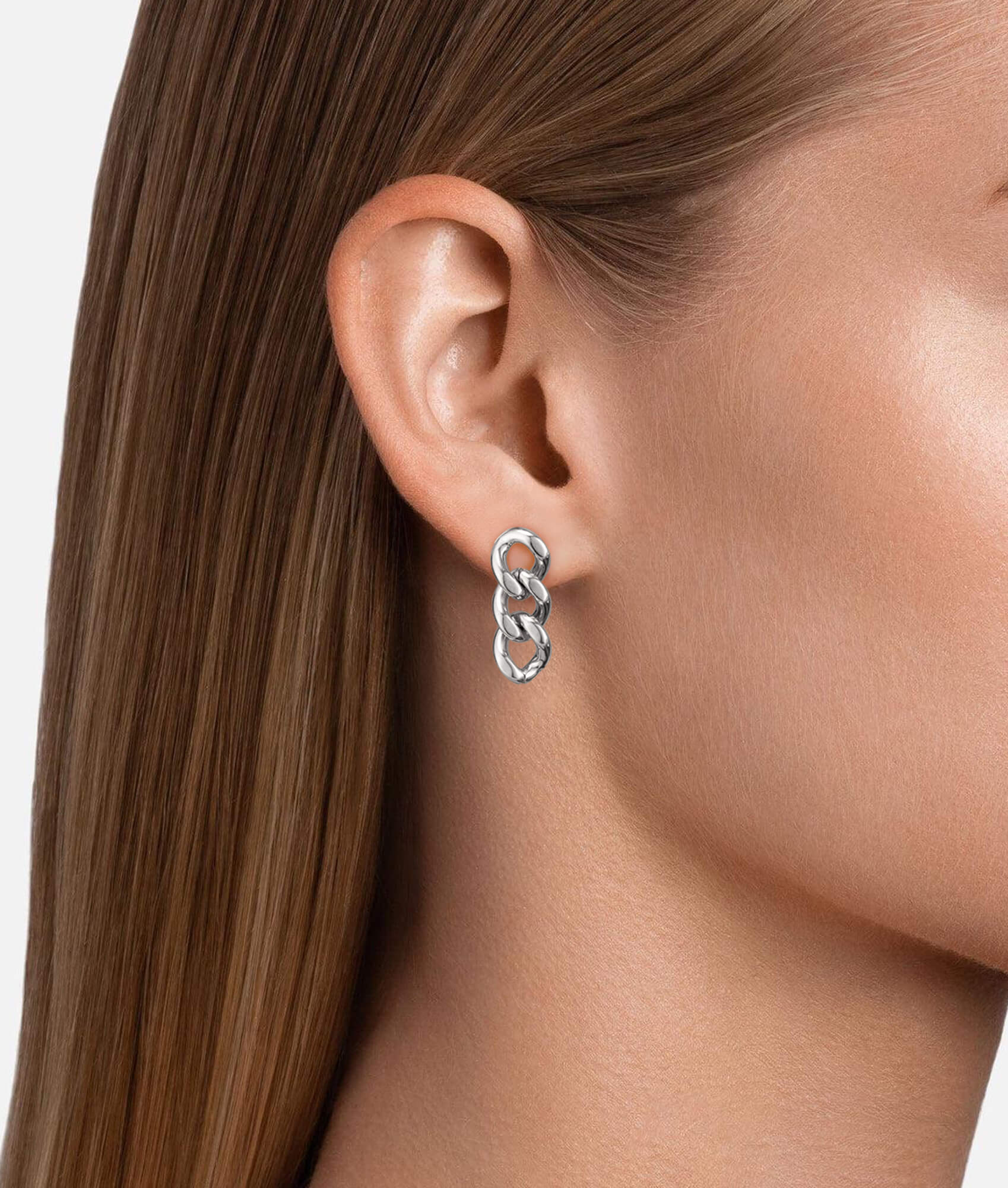 model wearing link chain earrings silver